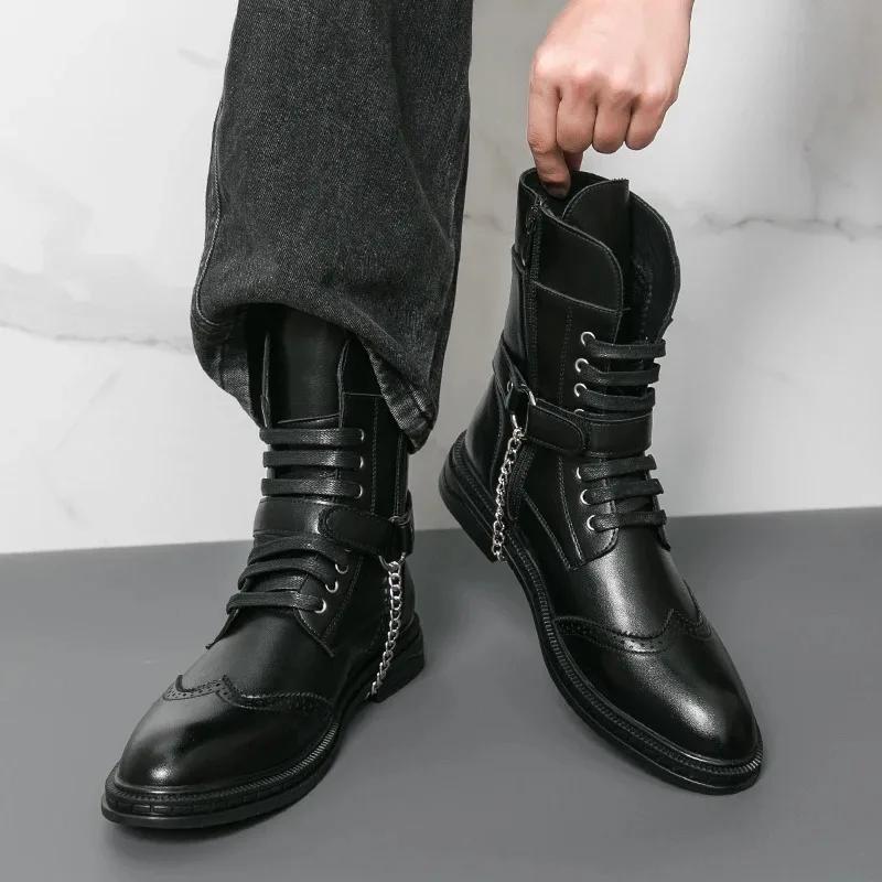 Men's High-top Boots High Quality Casual Leather Boots Metal Chain Design Men's Boots Fashion Motorcycle Boot Botas Para Hombre