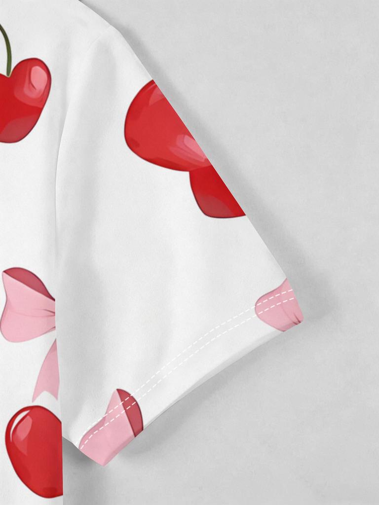 Men's Short-Sleeve Polo Shirt with Cherry Print & Pink Bow Accent - Button-Up Lapel Collar, Full-Body Cherry Pattern Suitable for Dates, Beach