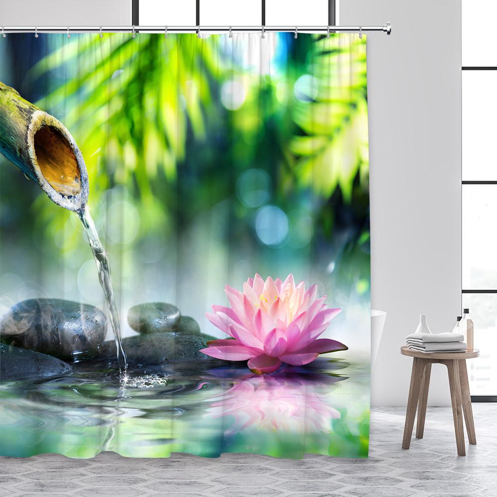 Zen Shower Curtain Green Bamboo Buddha Pink Orchid Lotus Swan Spa Nature Scenery Bathroom Curtains Fabric Home Decor with Hooks