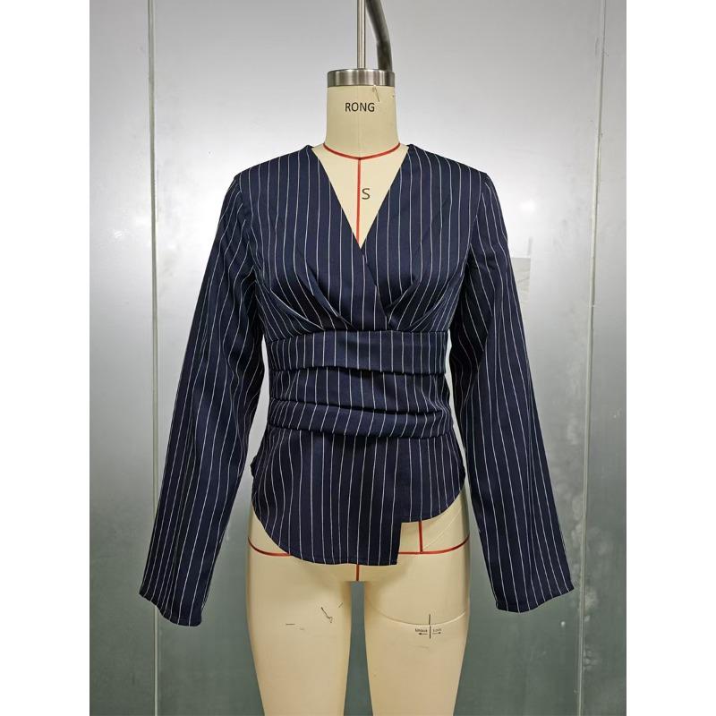 Women S Fashion Long Sleeve V Neck Striped Slim Fit Shirt
