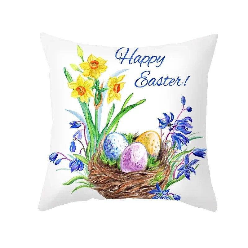 Spring Home Decor Cushion Cover Happy Easter Eggs Rabbit Decorative Pillow Covers Flowers Bunny Printed Throw Pillowcase 45x45cm