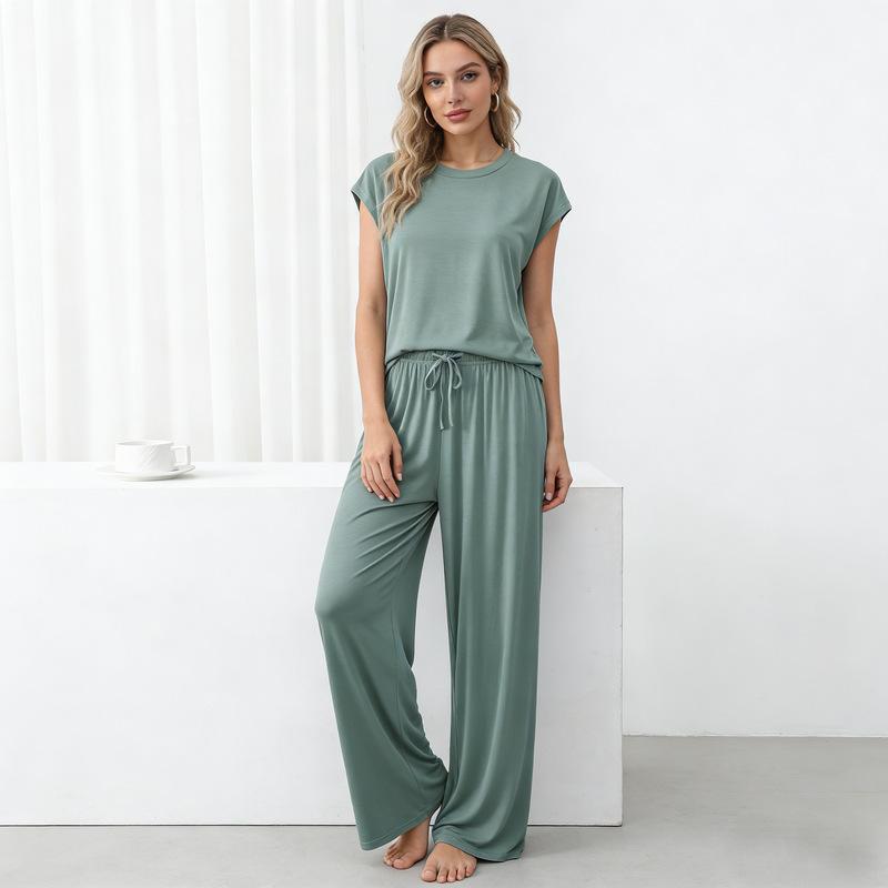 Modal Loose Homewear Set O-neck Tshirts Short Sleeves and Wide Leg Pants Casual Streetwear Suit All Match