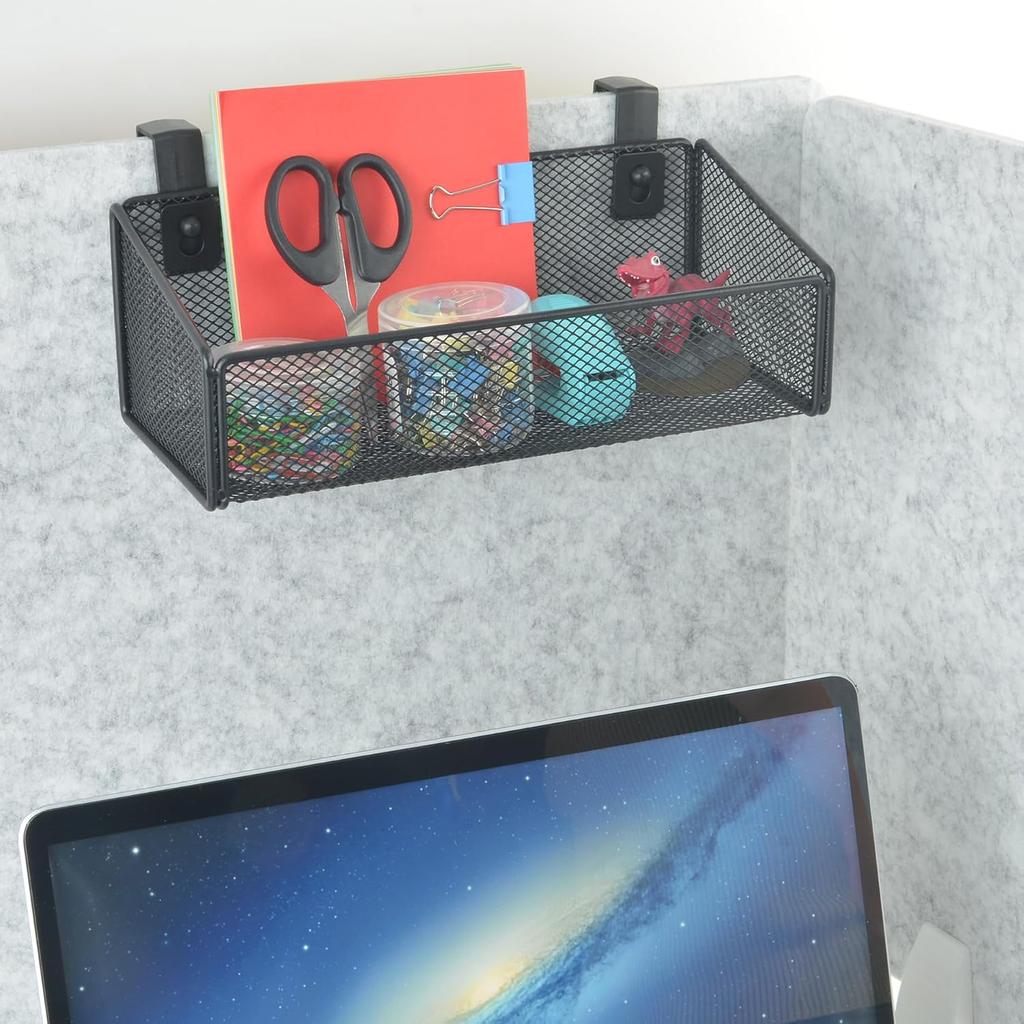 Hanging Floating Shelves - Metal Mesh Cubicle Storage Organizer with 5 Plastic Hangers (Black)