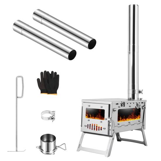 Foldable Camping Stove, Stainless Steel Portable Wood Burning Stove, Tent Stove with Visible Window, Adjustable Vent & Multiple-Section Pipe for