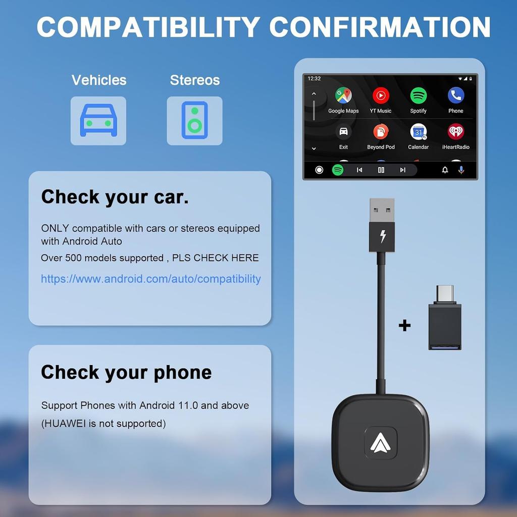 Android Auto Wireless Adapter, Wireless Android Auto Car Adapter for Wired Android Auto Cars Converts Wired to Wireless Easy Setup Plug & Play