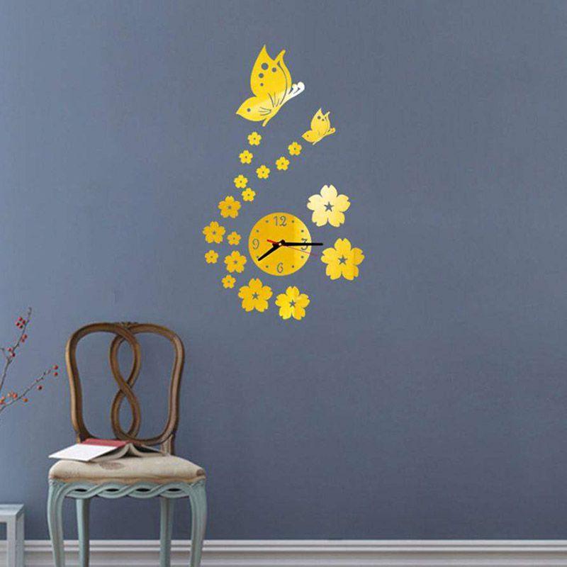 

Elegant 3d Mirror Butterfly Flower Clock Wall Sticker Wall Decal For Home Decor золотой