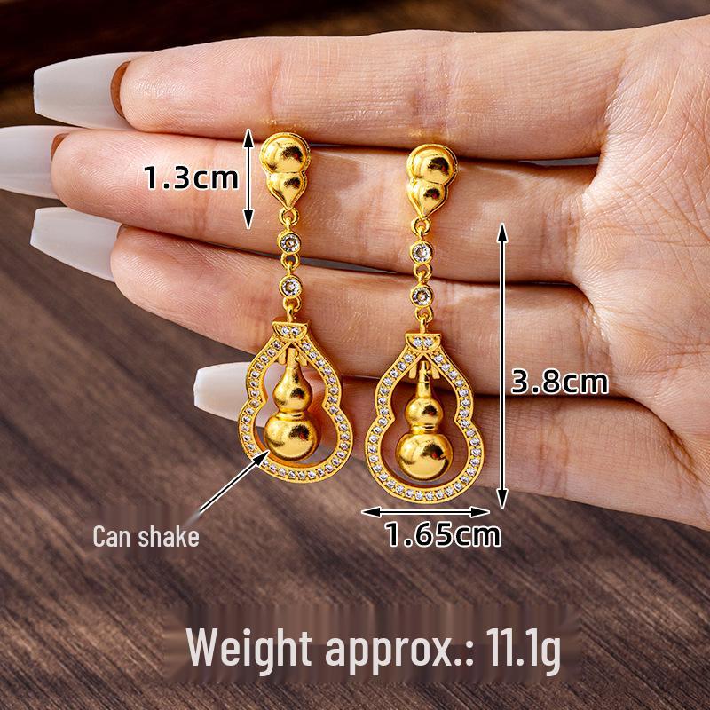 Elegant Gourd Pendant Necklace & Sand Gold Stud Earring Set for Women - Inlaid Diamond & Long-lasting Color Jewelry