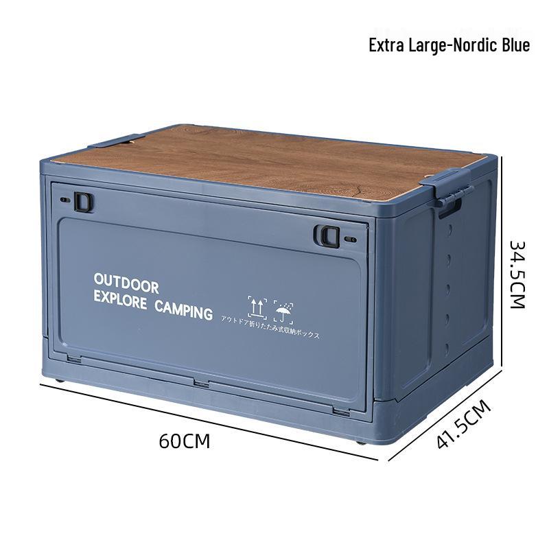 Portable Wheeled Camping Storage Box with Wooden Lid and Side-Opening Access