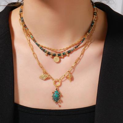 GEMCHIC Women's Vintage Bohemian Layered Natural Stone Necklace Gold Plated Copper Statement Pendant Chain
