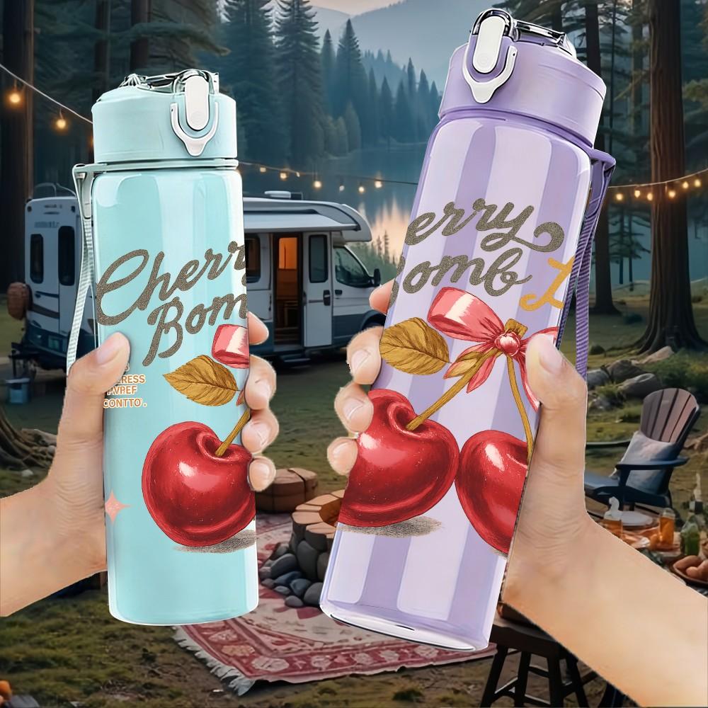 1PC Cherry Fruit Quote 750ml Color Plastic Sports Water Bottle Leakproof Flip Straw Lid Suitable for Sports Office Home Use
