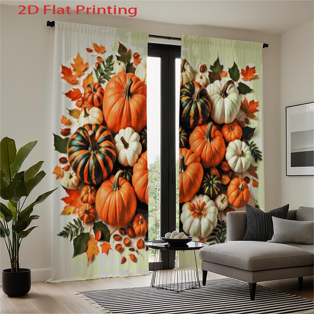 Piece Set High Definition Digital Printed Curtainsautumnpumpkinsorangewhiteleavesfallstylehome Decoration Style Curtain Made Of Polyester