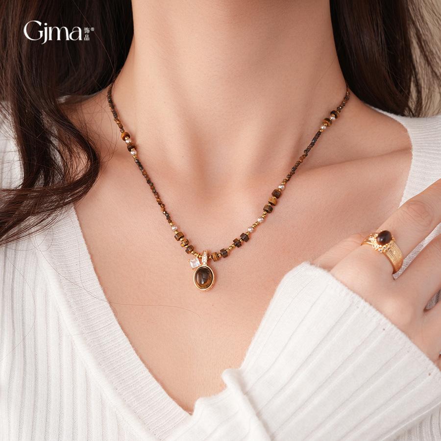 Vintage Maillard Style Square Zircon Tiger's Eye Necklace Accessories Women's Sweater Chain Necklace