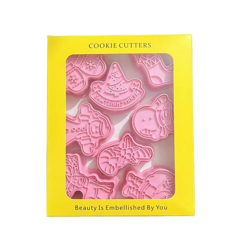 8pcs/set Christmas Theme Cookie Cutters 3D Plastic Biscuit Mold Cookie Stamp DIY Fondant Cake Mould Kitchen Baking Tool
