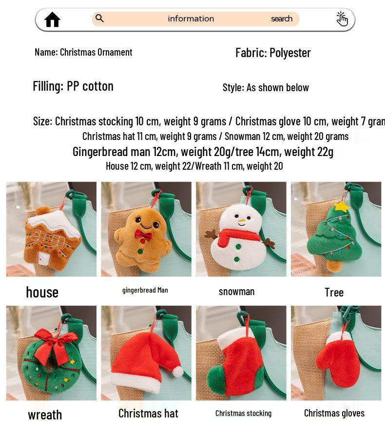 Christmas Tree Ornaments: Gingerbread Man, Wreath Plush, Snowman Hat Doll