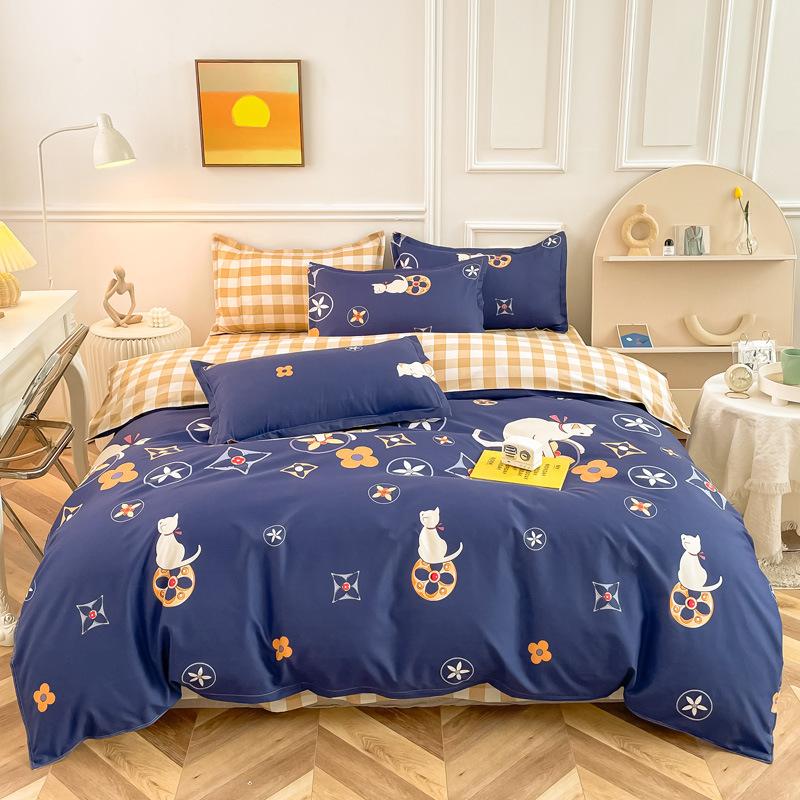 Čtyřdílná sada povlečení z prané bavlny, povlak na přikrývku, povlak na prostěradlo, jednoduchá sada v severském stylu