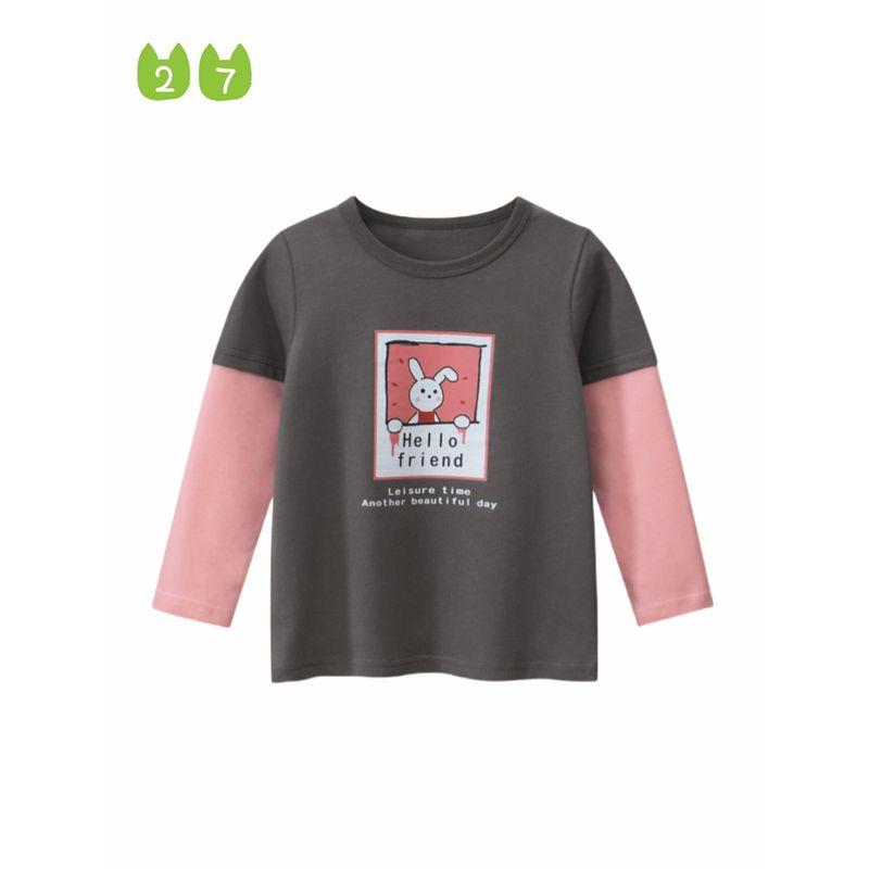 27home Children's Clothing Girl Rabbit Bottoming Shirt Spring and Autumn Kids Fake Two-Piece Long Sleeves T-shirt Baby 100% Cotton Coat