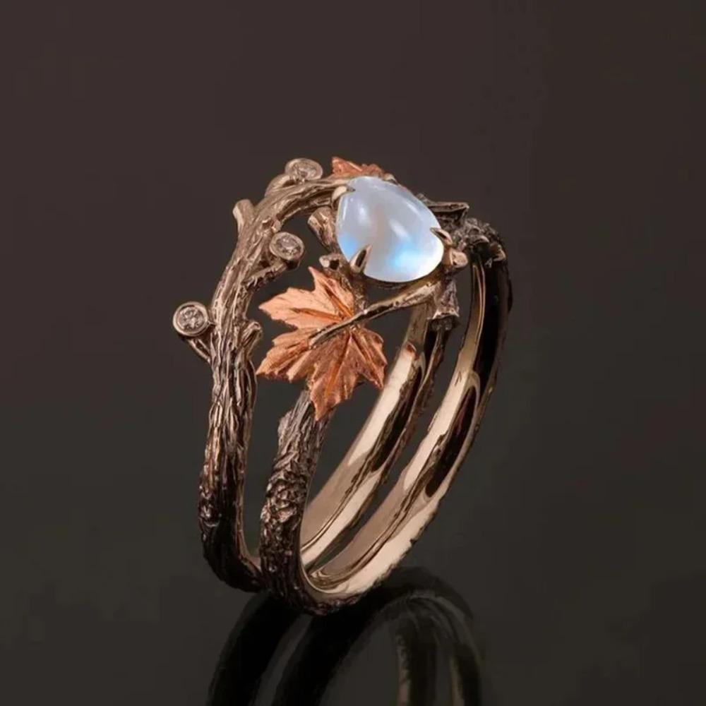 Luxus Vintage Baumzweig Ahornblatt Doppelring Damen Herren Weißer Zirkon Feiertag Hochzeit Verlobungsparty Schmuck