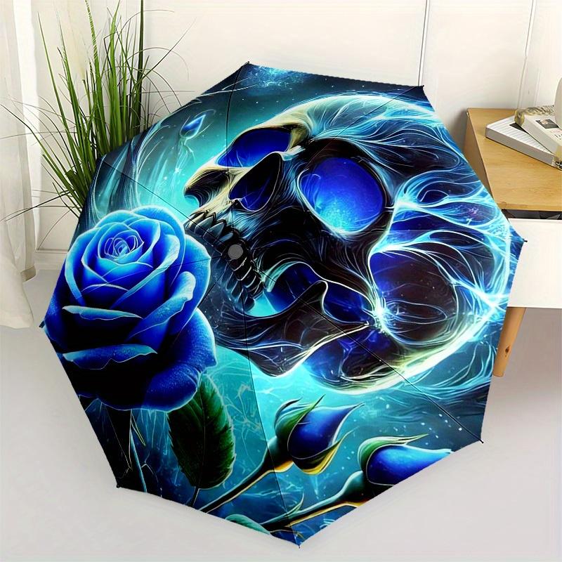 

1pc Blue Rose Skull Artwork Umbrella with Plastic Handle,Suitable for All Seasons Home Travel Outdoor UmbrellaB1836