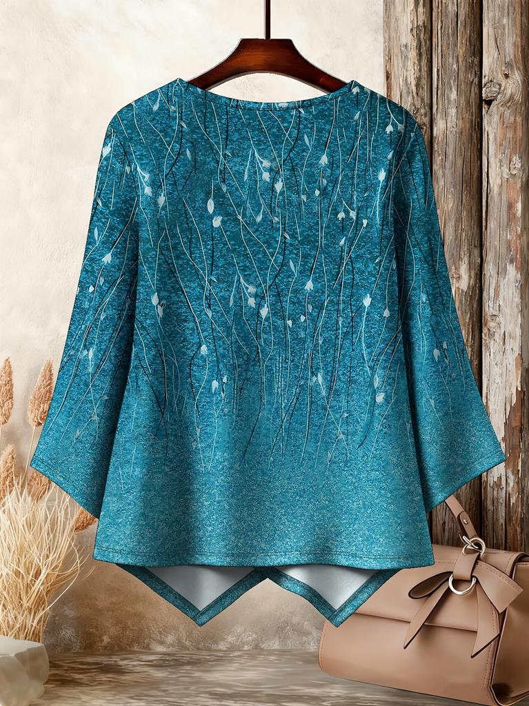 lake grass and leaf abstract printing, casual and comfortable cross hem asymmetrical holiday gift women's clothing