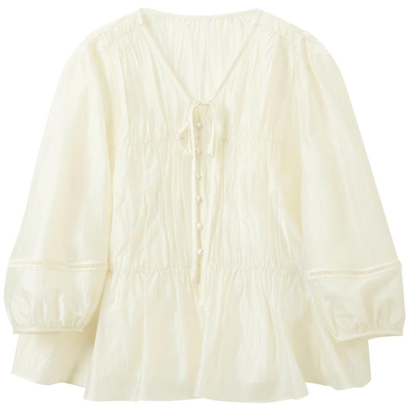 SANCITY Acetate Pleated V-Neck Lantern Sleeve Top