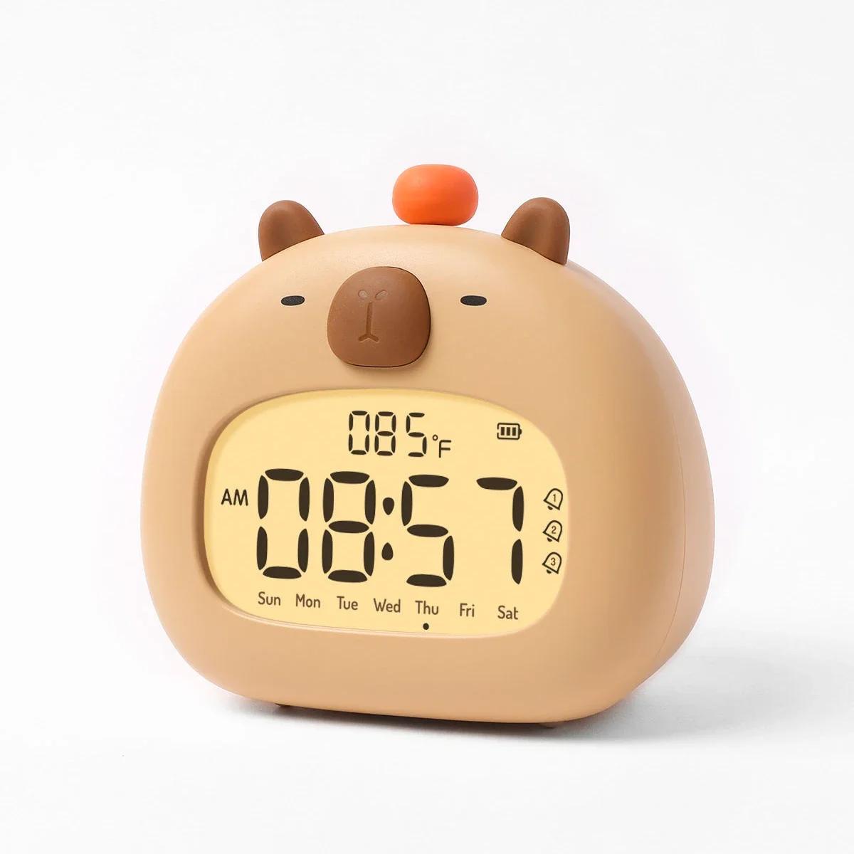 

USB Rechargeable Capybara LED Alarm Clock Digital Multi-functional Timer Dimmable Light Bedside Table Lamp Kids Gift Room Decor