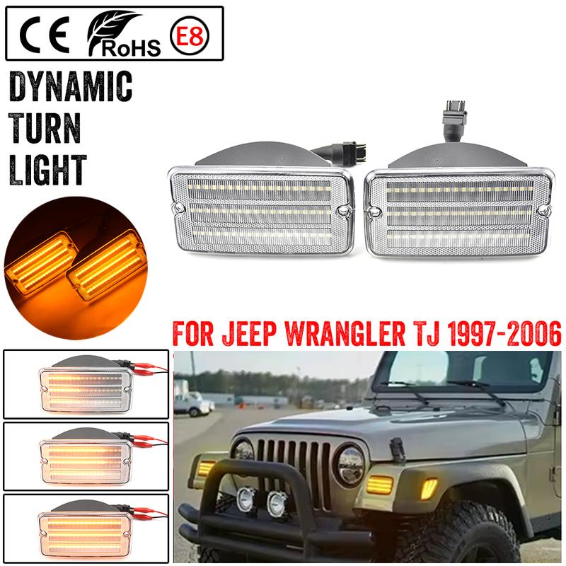 Fit For Jeep Wrangler TJ 97-06 Dynamic Amber LED Front Bumper Side Marker Lights White Parking Light Turn Signal Blinker Lamp