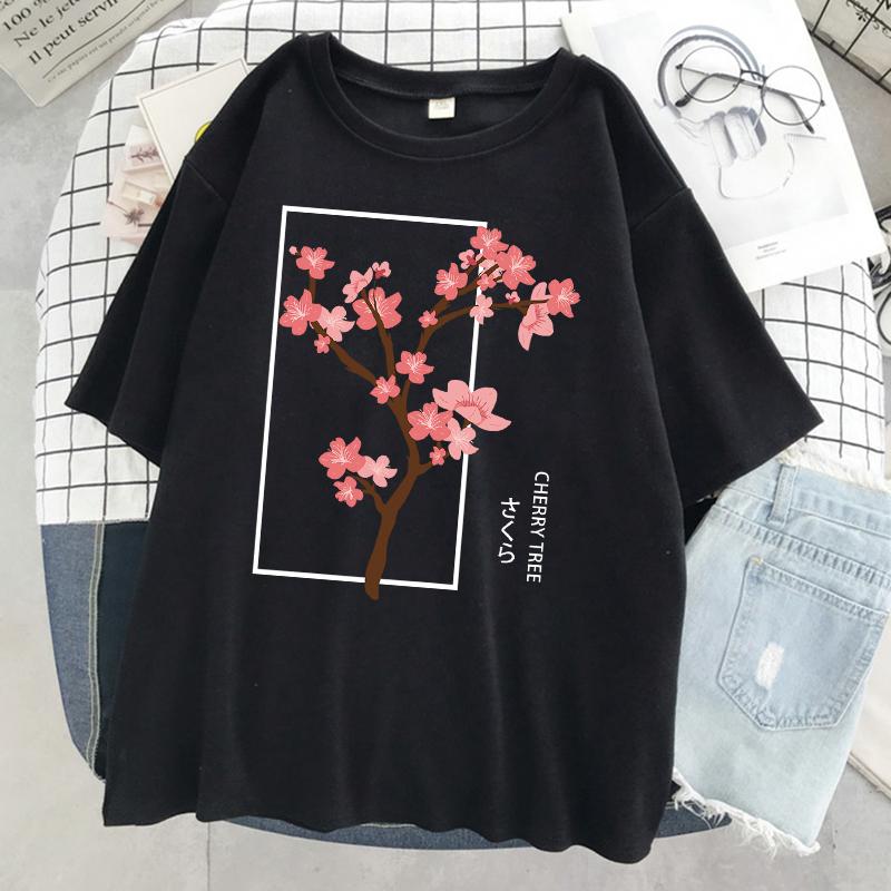 Cherry Tree In Full Bloom Printing Female Tshirt Street Breathable T Shirt Soft Fashion Short Sleeve Oversized Sport T Shirts