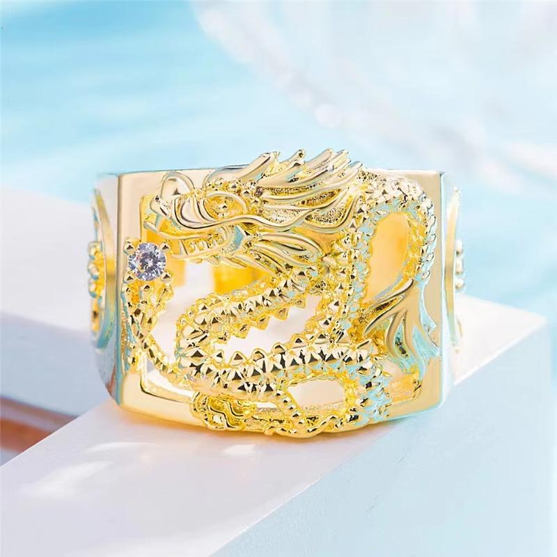 

Huajie Men s Golden Color Flying Dragon Totem Pattern Rings Hollow High End Banquet Men s Trend 9 золотий