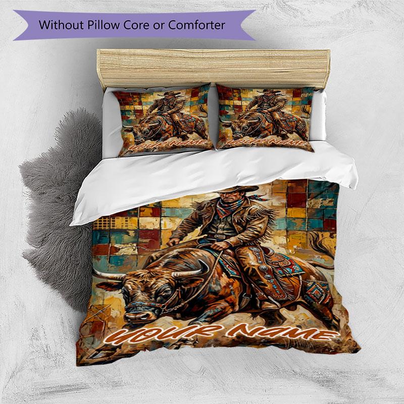 3PC Custom Name Rodeo Rider Bull Bedding Set Duvet Cover Closure Includes 1 Duvet Cover & 2 Pillowcases for Bedroom