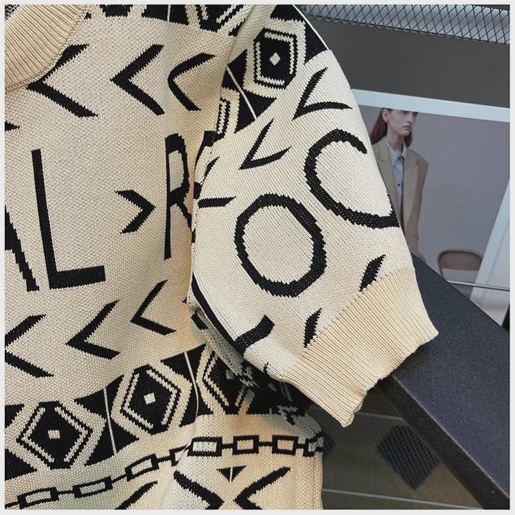 Men's 2023 Trendy Slim Fit Knitted Jacquard T-shirt: Ice Silk, Round Neck, Short Sleeve, Fashionable Letter Design