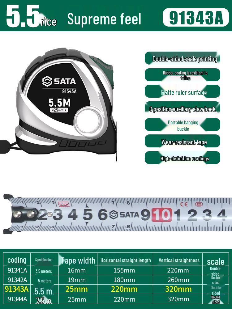 SATA 5-Meter Precision Steel Tape Measure with Durable Case, Available in 2/3/7.5/10 Meters.