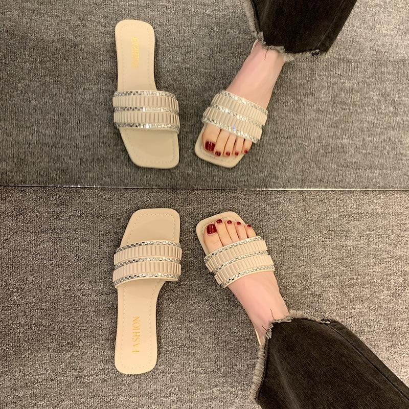 Fairy Wind Pleated Rhinestone Cool Slippers Female Summer New Outer Wear Square Head Flat Bottom One-word Slippers Large Size Cool Slippers