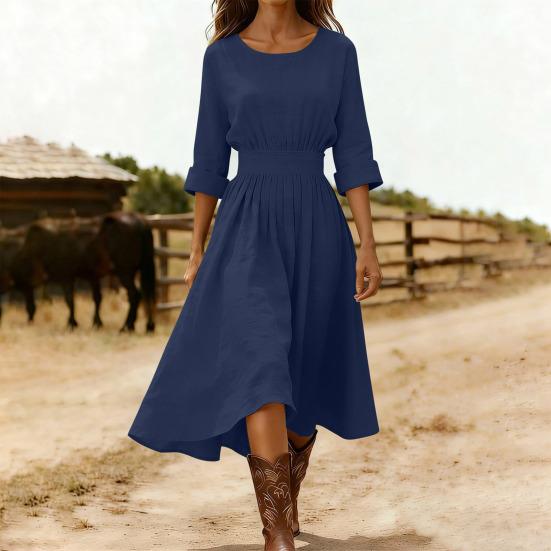 Damen Baumwoll-Leinen Midi Kleid Lässig Rundhalsausschnitt Langarm Schwingkleid Sommer Falten A-Linie Fließendes Kleid