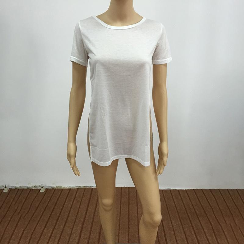Women's Premium Quality Long T-shirt Round Neck Short Sleeve Split Tops Casual Dress