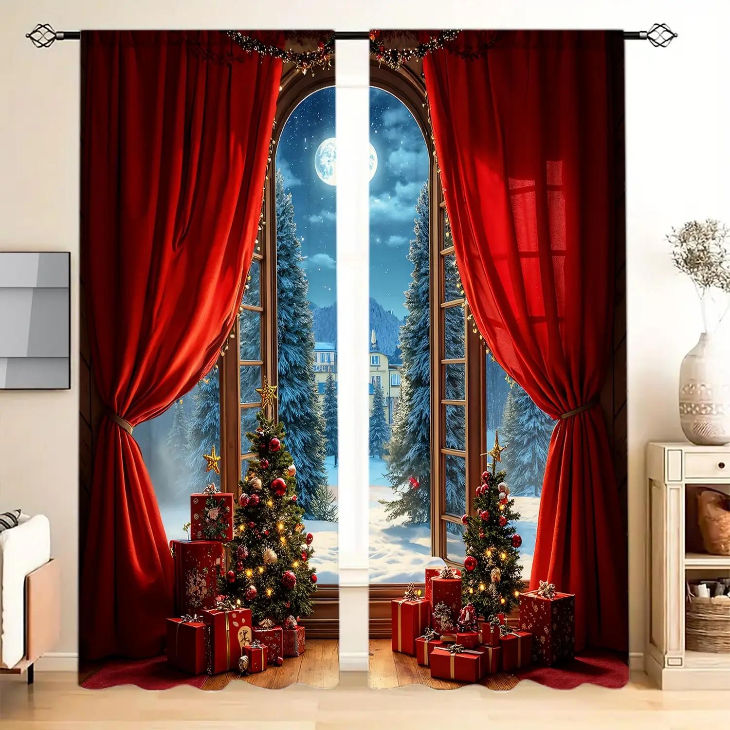 

Set Of 2 Jit Christmas Tree Pattern Curtains Insulated Holiday Window Decor Home Curtain Thermal With Rod Pocket Polyester W100*H70(CM)-Hooks&1PCS