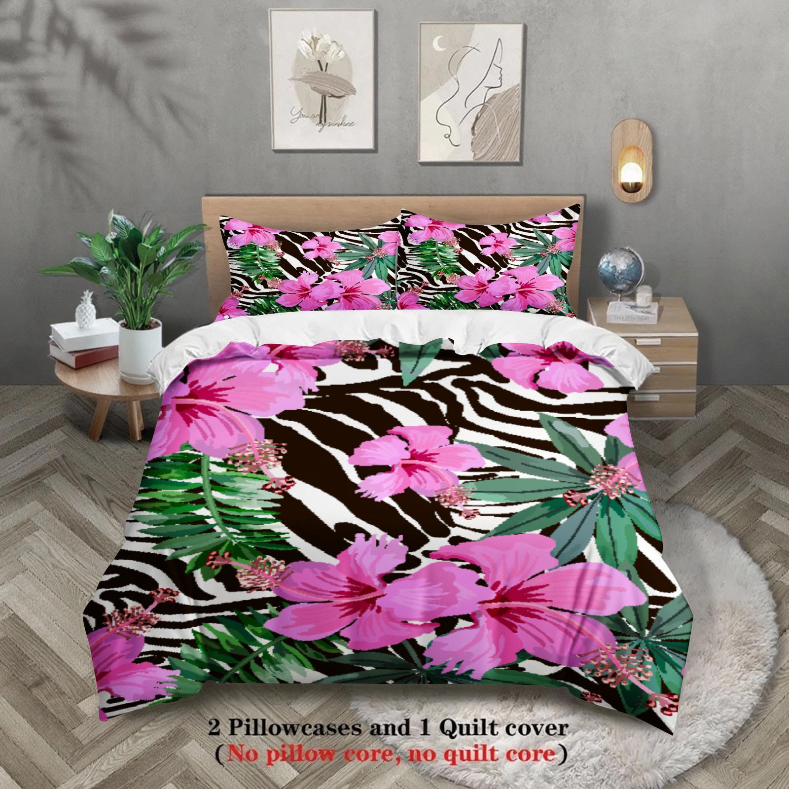 3Pcs Floral Illustration Style Duvet Cover Zebra Stripe 3D Printed Single Twin Queen Size 100% Polyester Quilt Cover Sets EU Twin(135x200cm)