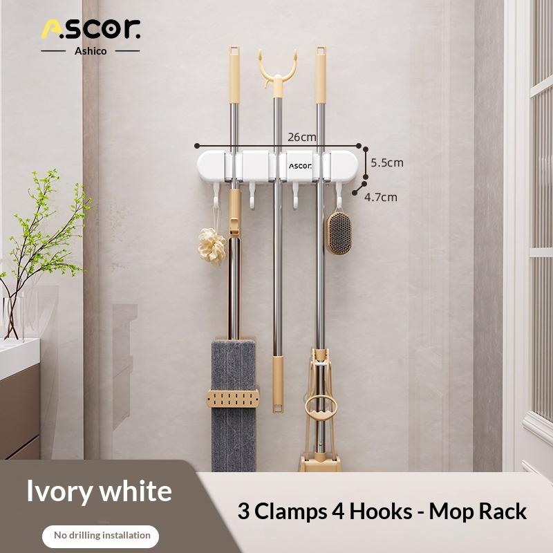 

Wall Mount Mop and Broom Organizer Strong Mop Holder Rack No Drilling with Hooks for Kitchen Bathroom Door Home
