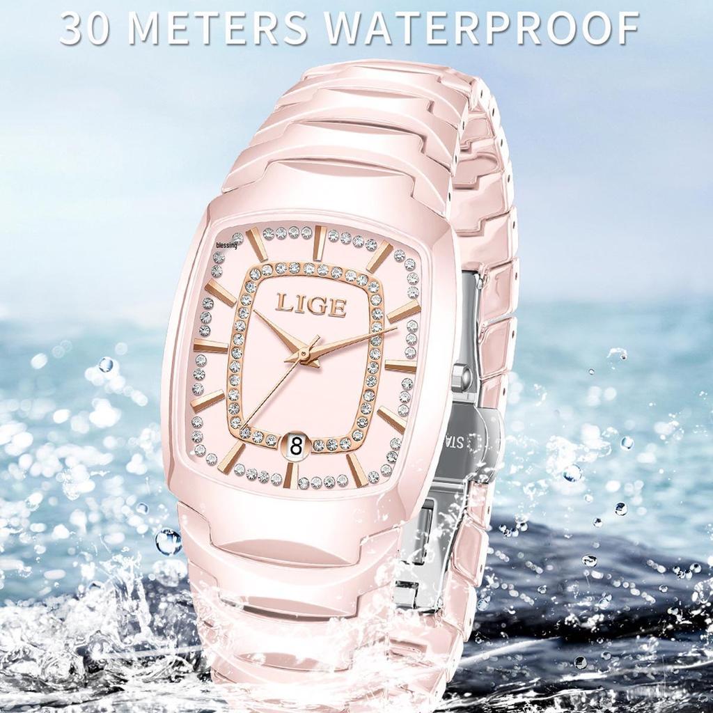 LIGE Fashionable Women's Square Multi-Function Waterproof Quartz Calendar Watch