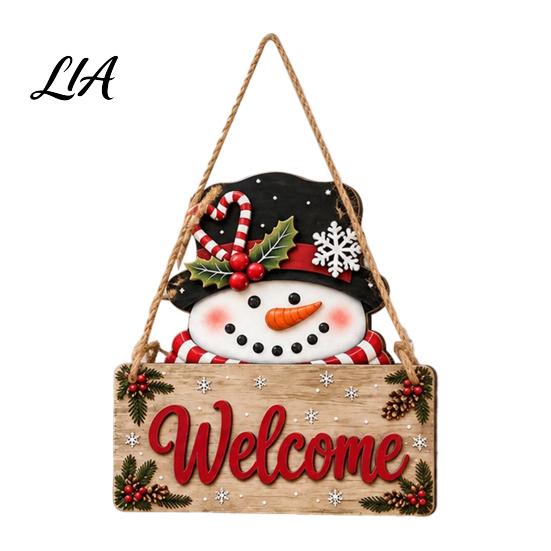 Holiday Festive Wood Pendants 2D Flat Christmas Wooden Door Hanger Sign, Santa & Snowman Welcome Party Decorations Hanging Plaque, Merry Front