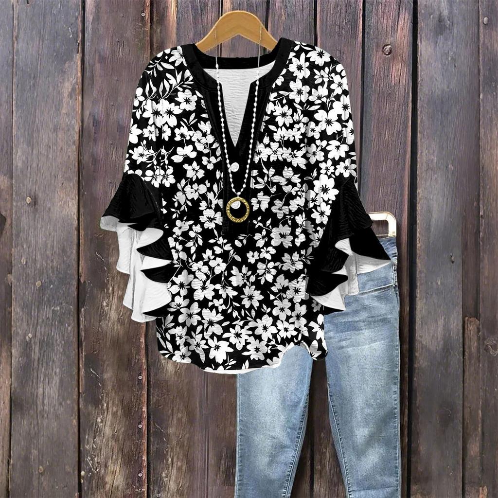 Tops For Women Cute Button V Neck 3/4 Sleeve Blouses Print Top Casual Shirts