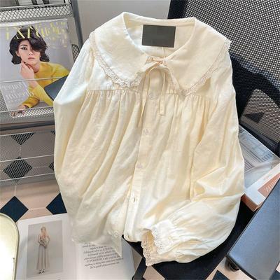 Dolce Camicia da Donna in Pizzo Floreale con Collo a Revers Autunnale Manica Lunga Larga Casual Blusa per Donne Bottoni All-match Camicie
