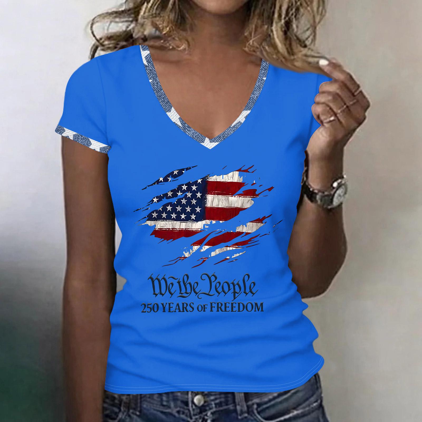 Womens Spring Tops V Neck Short Sleeve Summer Shirts for Women Casual Flag Print Womens Summer Shirts Tshirts Shirts for Women XL
