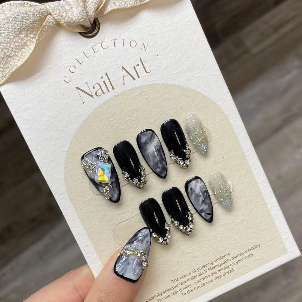 100%HANDMADE Almond Nail Art Artificial Nail Dark Sfumato Black Babes Hand-Painted Diamond Gems Phototherapy Short Droplet Shape Nails Reusable