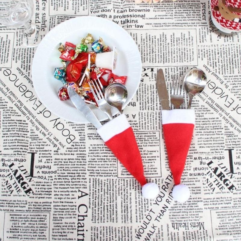 New 10PCS/Set Christmas Hat Silverware Holder Xmas Mini Red Santa Claus Cutlery Bag Party Decor Tablewear Holder Set