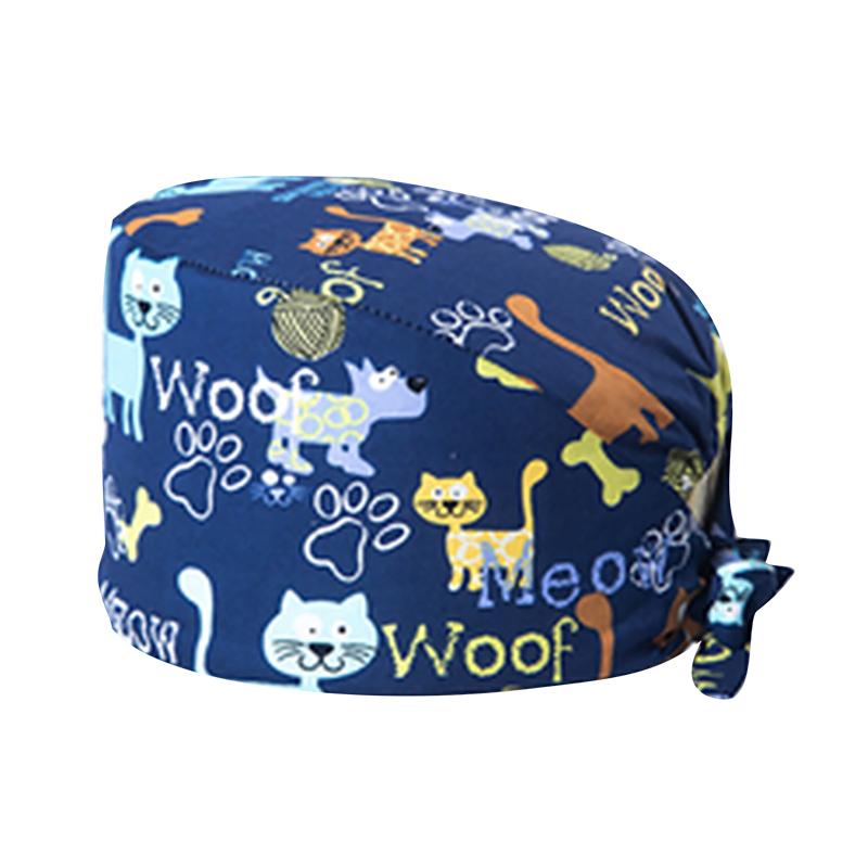 new Cotton Section for Man and woman Scrubs Caps Hospital Medical Hats Black Printing Elastic Tieback Design and Pet Medical Hat