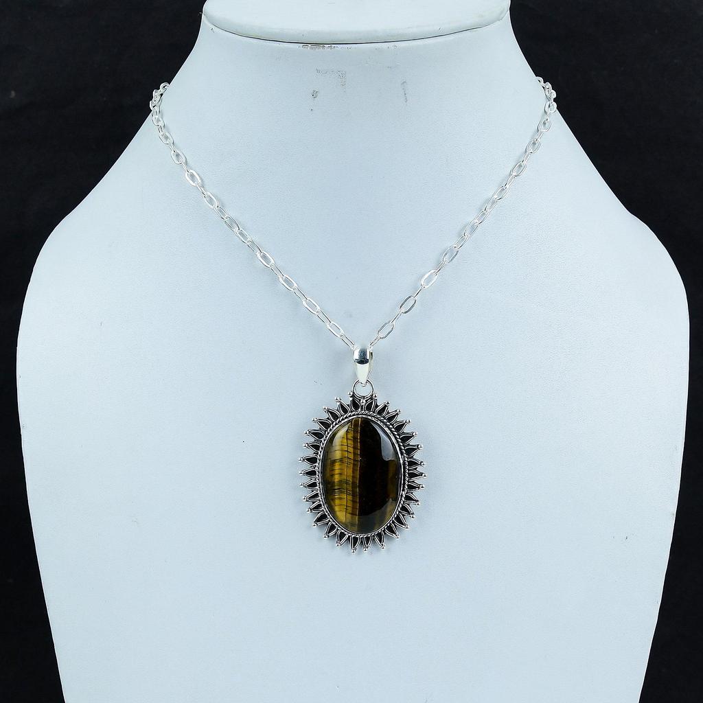 Amazing Tiger Eye Gemstone Silver Pendant in 925 Sterling Silver - Handmade Oval Design, Everyday Wear Jewelry Father's Day Gift