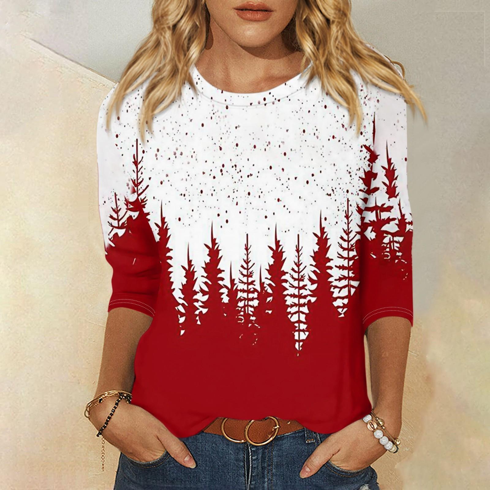 

Женская мода, повседневная свободная футболка с рождественским принтом и круглым вырезом, рукав 3/4, женский топ XXXL винный