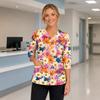 Women's Floral Print Scrub Top with V-Neck, Pockets, Side Slits and 3/4 Sleeves