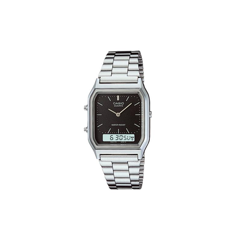 

Casio YOUTH series-square plate dual display retro classic dual display multi-function quartz movement stainless steel strap Japanese and AQ-230A-1D чёрный