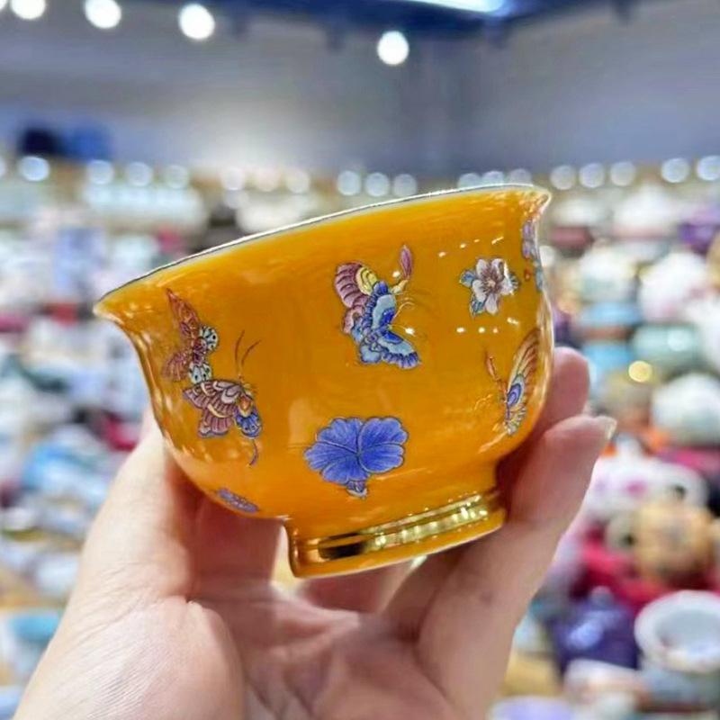 Internally Painted Purple Ceramic Heavy Handle Cup Large Chinese Gongfu Teaware Luxury Personal Tea Bowl for Collection